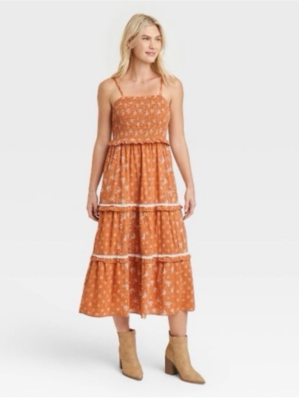 Universal Threads Women’s Orange Floral Tiered Midi Dress
